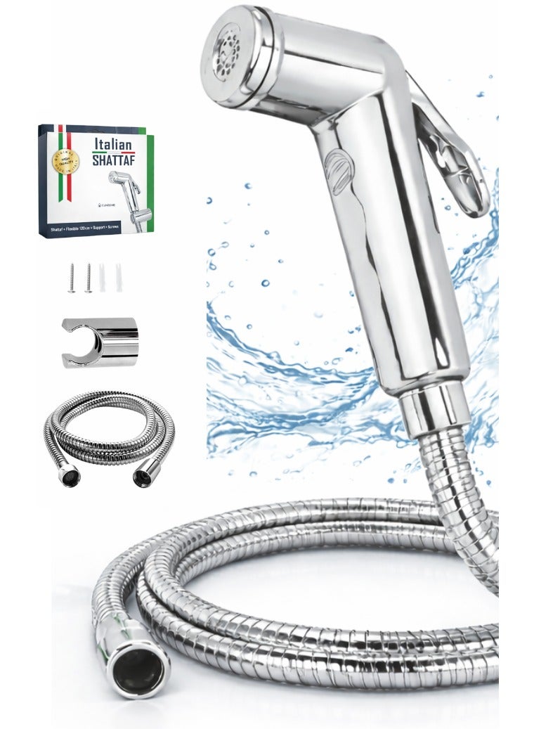 إيطاليان شٹاف بائیڈٹ سپرےر سیٹ – کروم فنش ہینڈ ہیلڈ سپرےر 120 سینٹی میٹر سٹینلیس سٹیل کی لچکدار نلی کے ساتھ، بائیڈٹ شٹاف سیٹ، ہینڈ ہیلڈ ٹوائلٹ سپرےر سایڈست پریشر کے ساتھ، ذاتی حفظان صحت اور صفائی کے لیے وال ماؤنٹ، مسلم شاور بائیڈٹ سپرے سیٹ - Image 1